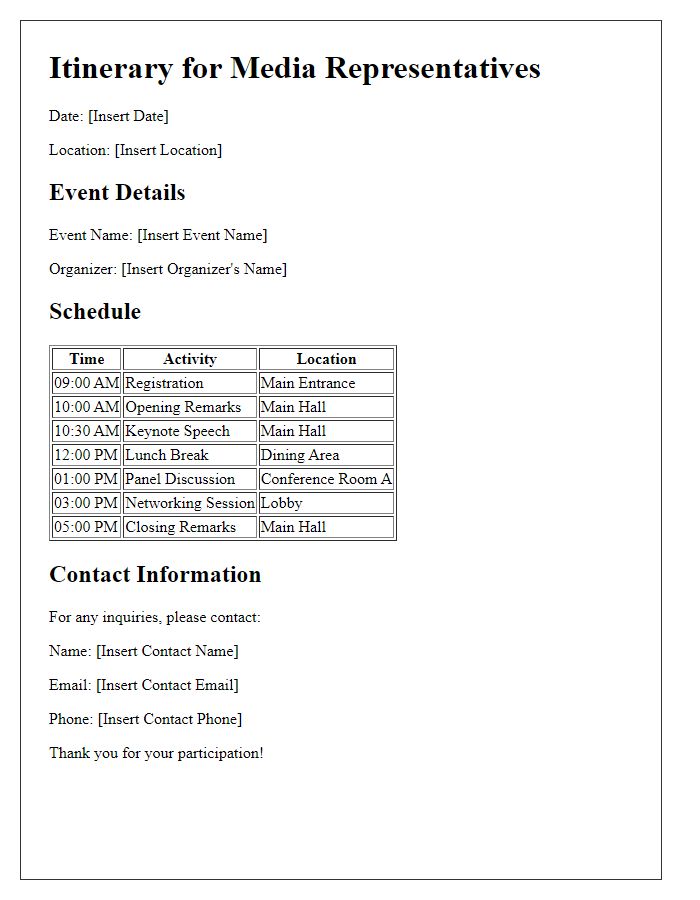 Letter template of event itinerary for media representatives