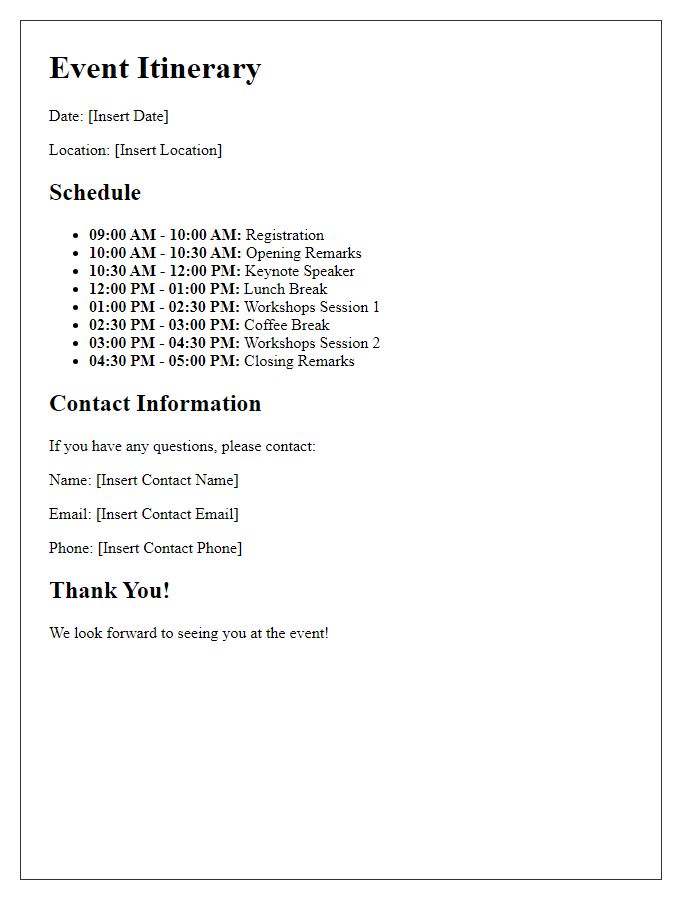 Letter template of event itinerary for partner organizations