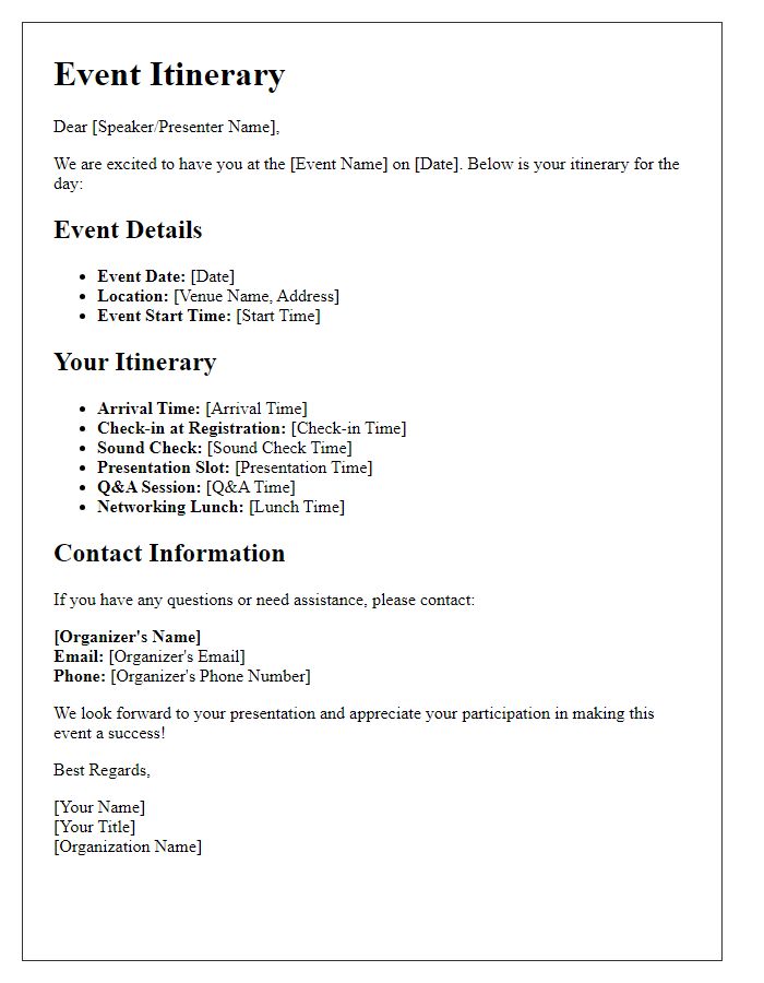 Letter template of event itinerary for speakers and presenters