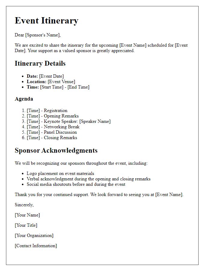 Letter template of event itinerary for sponsors communication