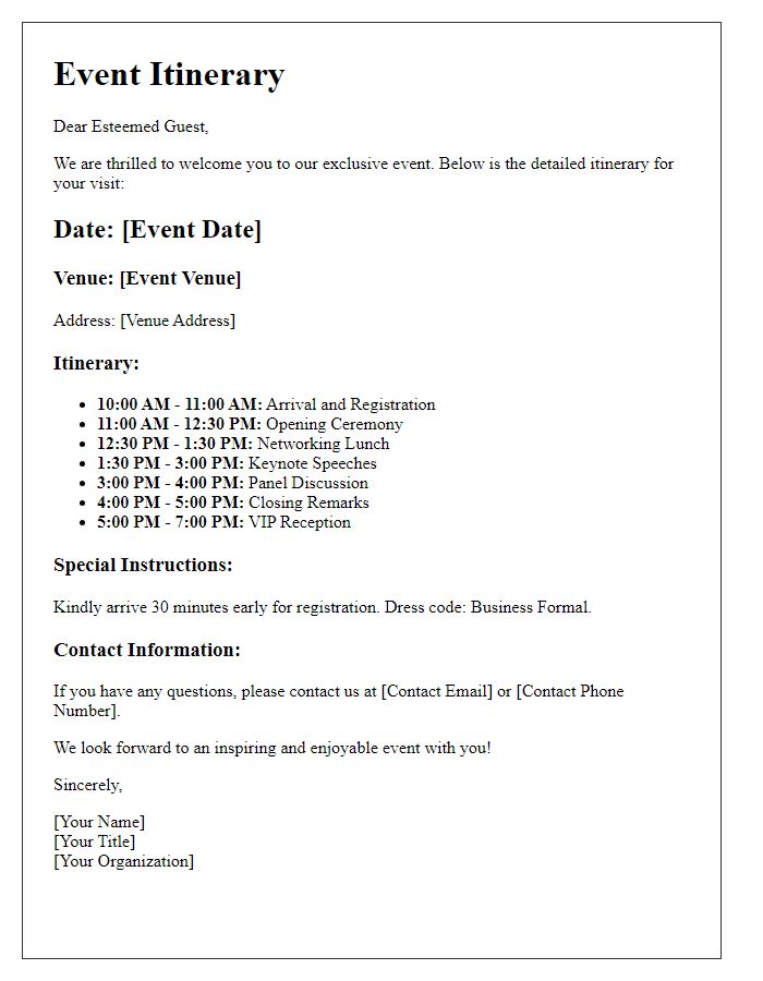 Letter template of event itinerary for VIP guests information