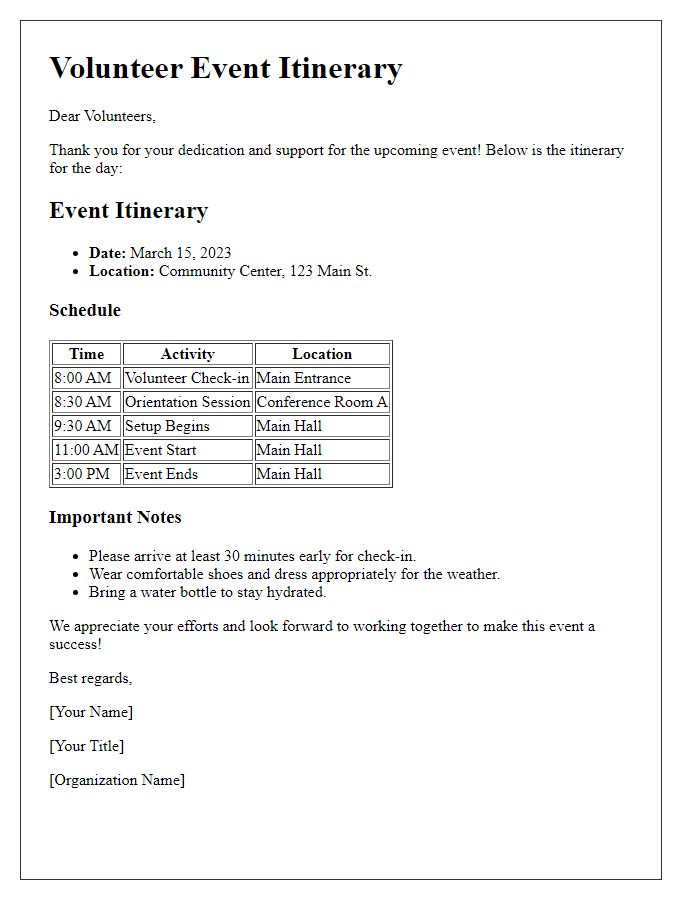 Letter template of event itinerary for volunteers coordination