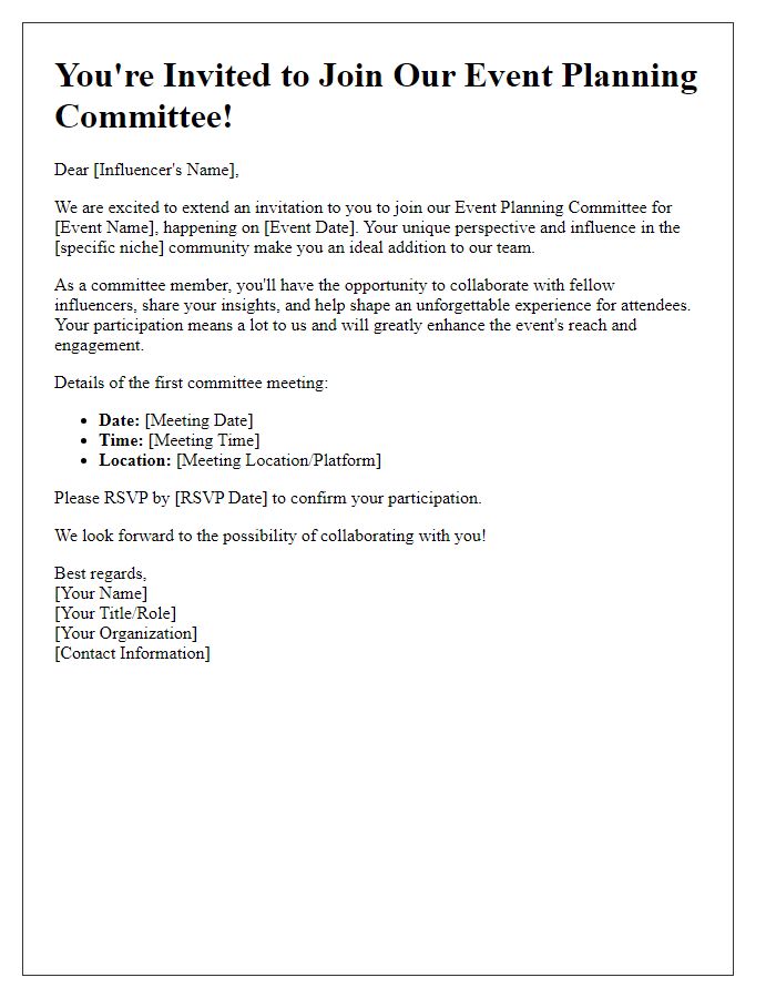 Letter template of event planning committee invitation for social media influencers