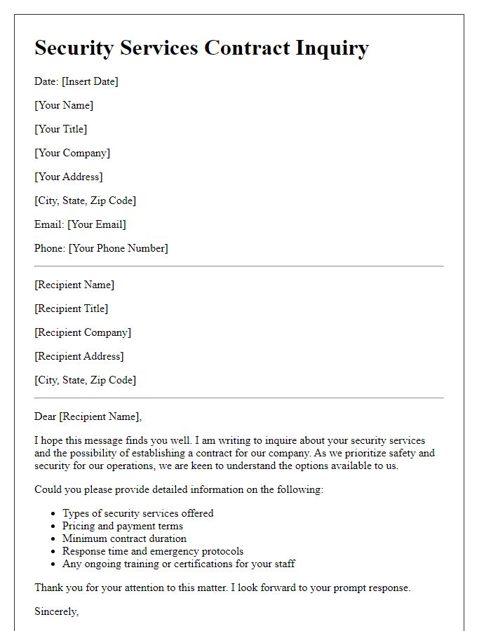 Letter template of security services contract inquiry