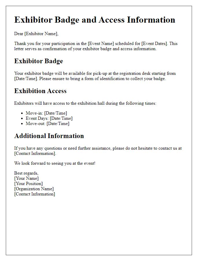 Letter template of exhibitor badge and access information.