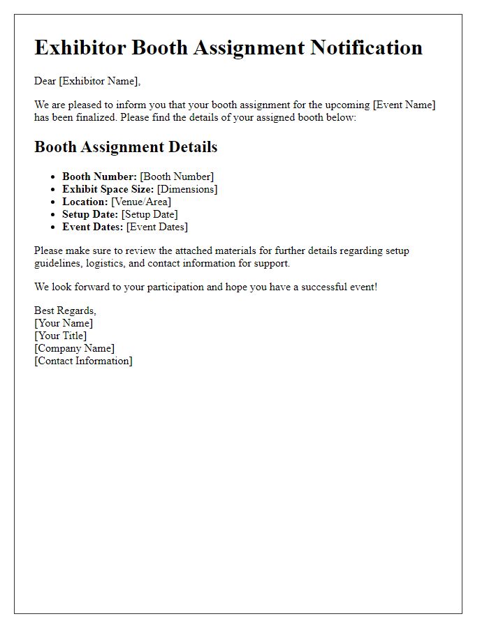 Letter template of exhibitor booth assignment information.