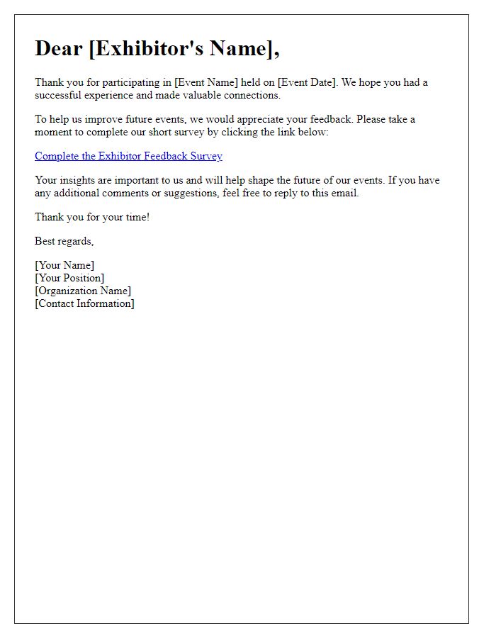 Letter template of exhibitor feedback and survey requests.