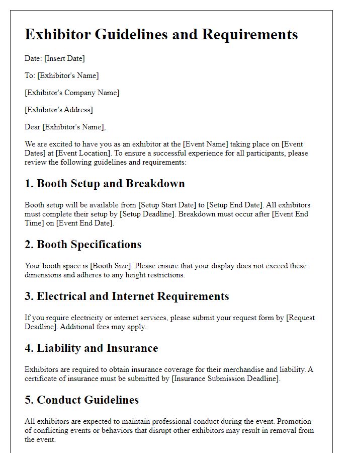 Letter template of exhibitor guidelines and requirements.