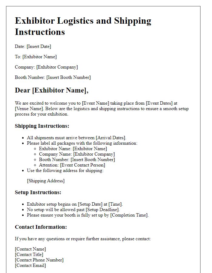 Letter template of exhibitor logistics and shipping instructions.