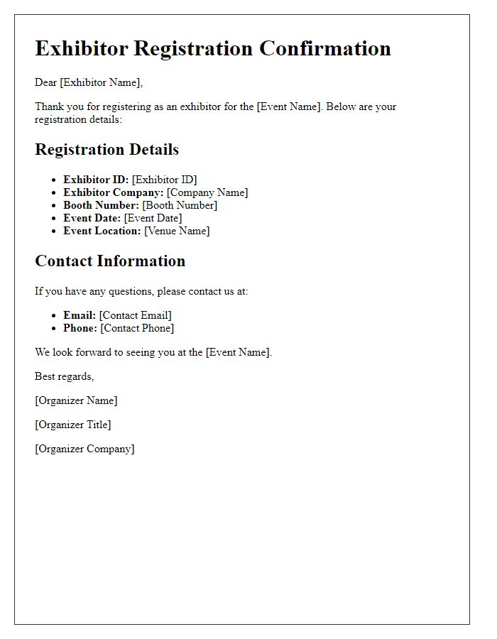 Letter template of exhibitor registration details.