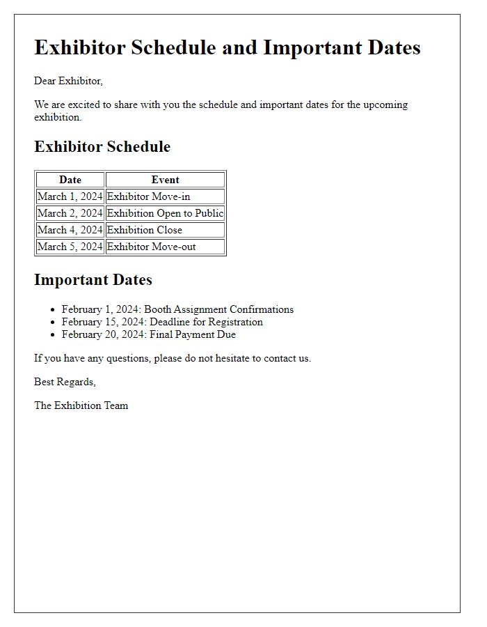 Letter template of exhibitor schedule and important dates.