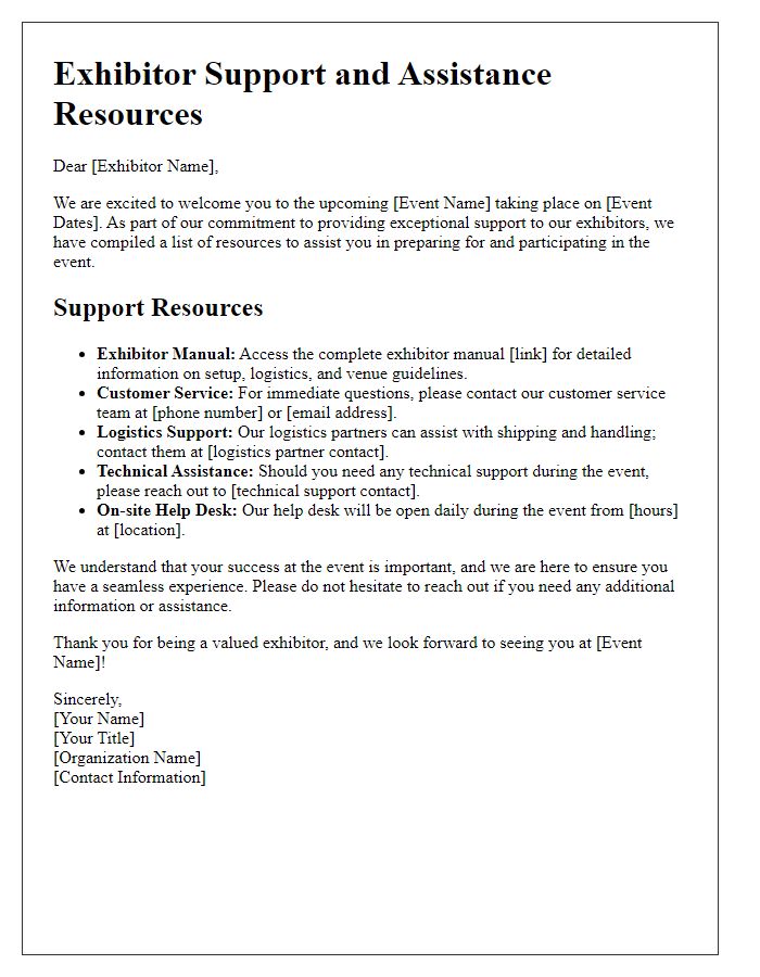 Letter template of exhibitor support and assistance resources.