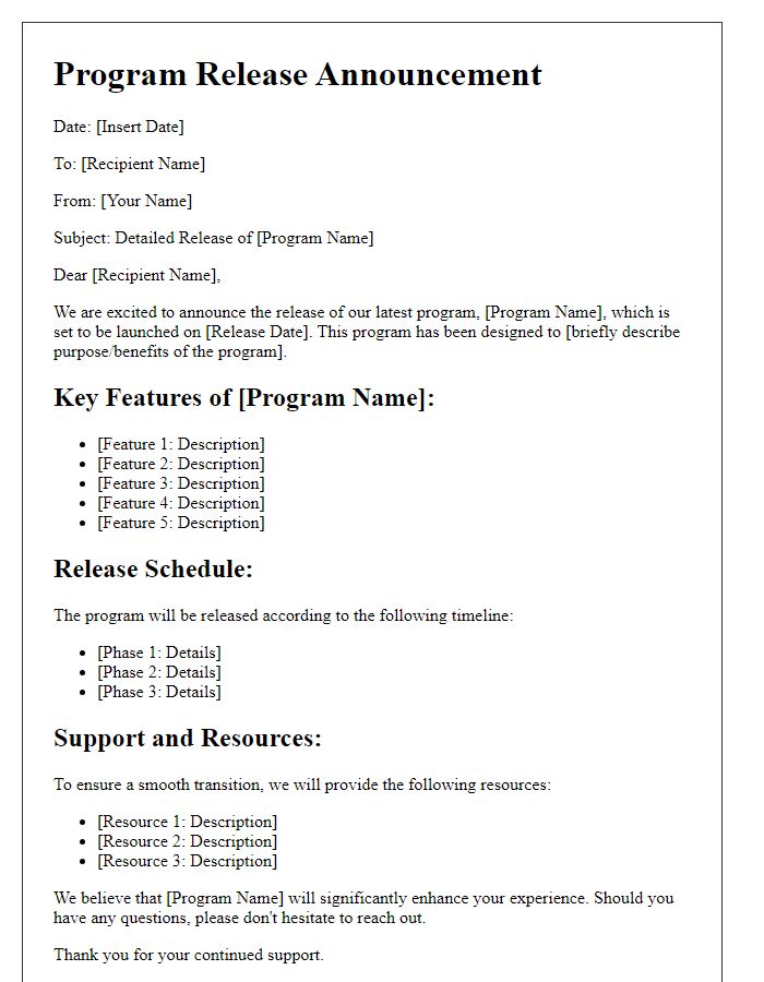 Letter template of detailed program release