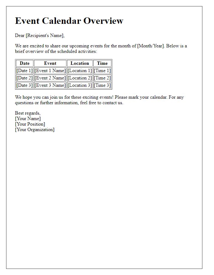 Letter template of event calendar overview