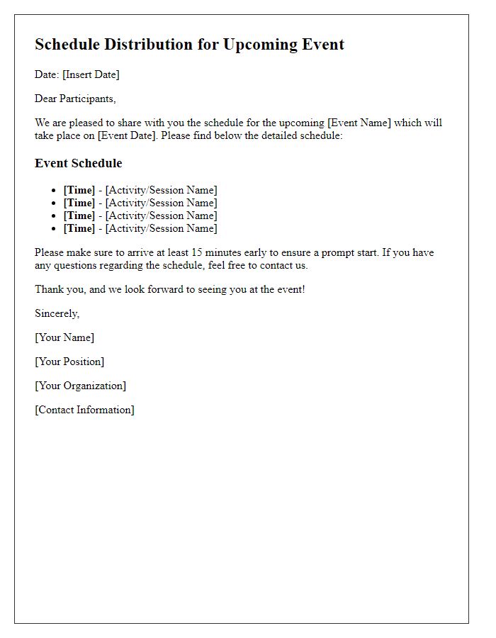 Letter template of schedule distribution for participants