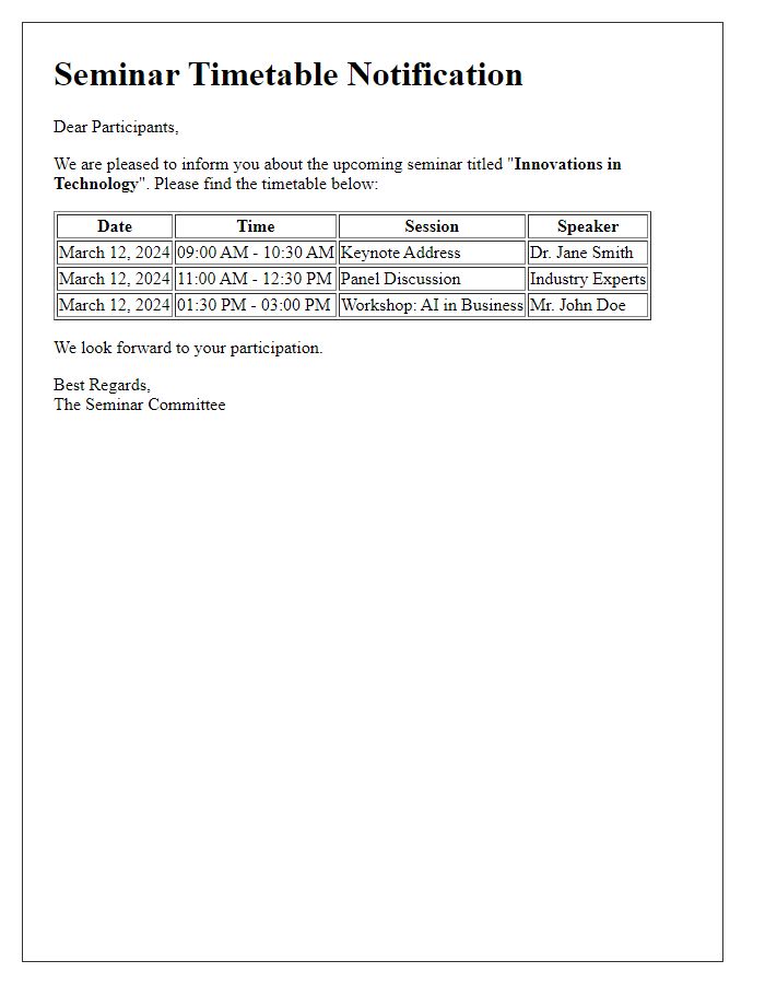 Letter template of seminar timetable notification