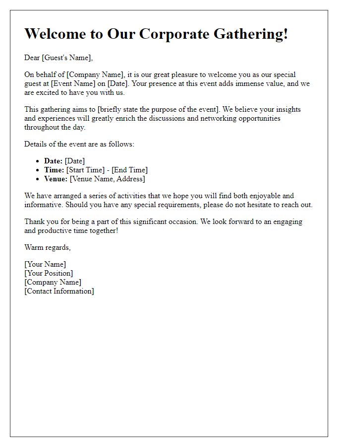 Letter template of special guest welcome for corporate gatherings