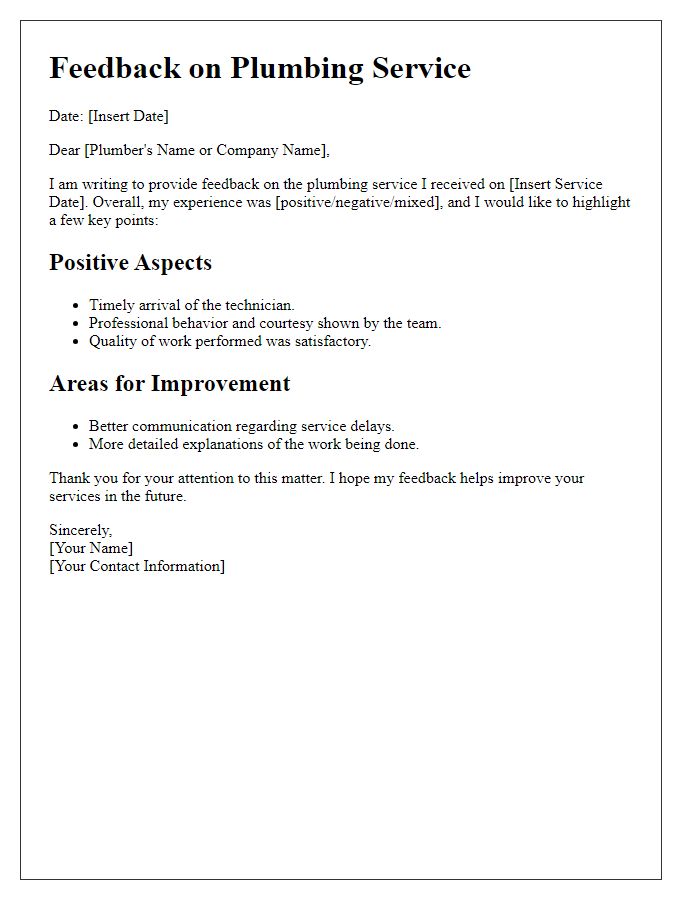 Letter template of feedback on plumbing service experience.