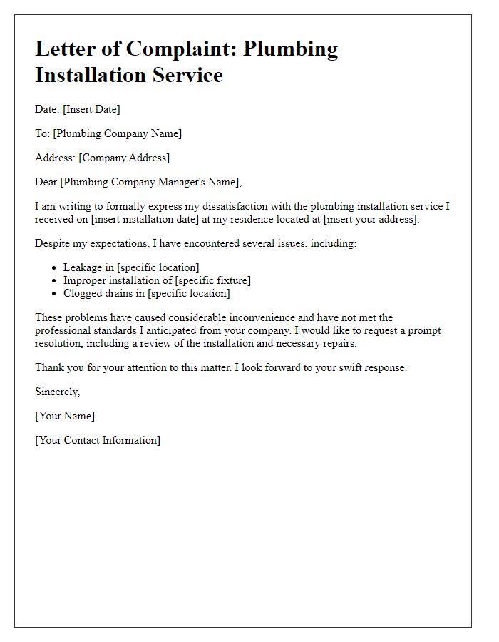 Letter template of issues with plumbing installation service.