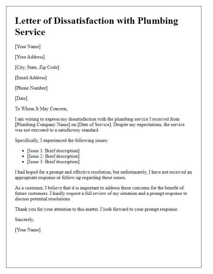 Letter template of plumbing service dissatisfaction.