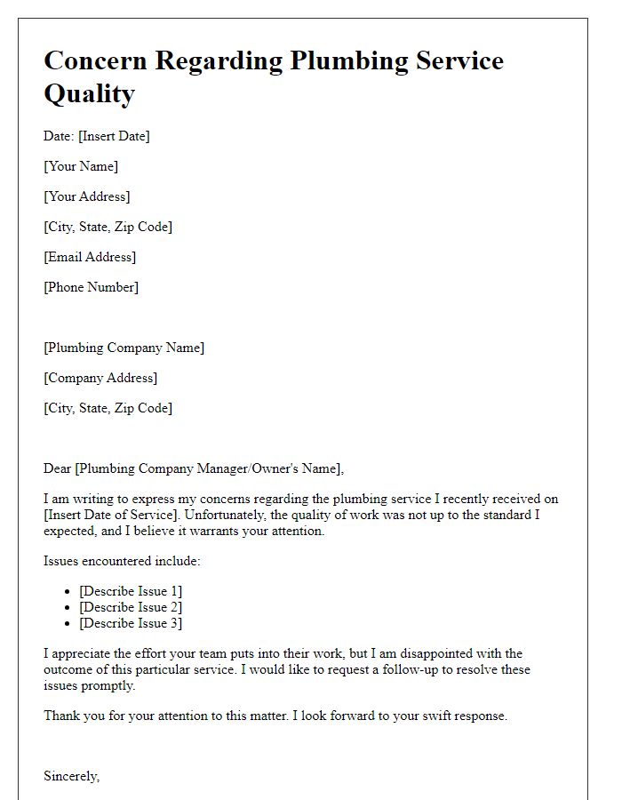 Letter template of plumbing service quality concerns.