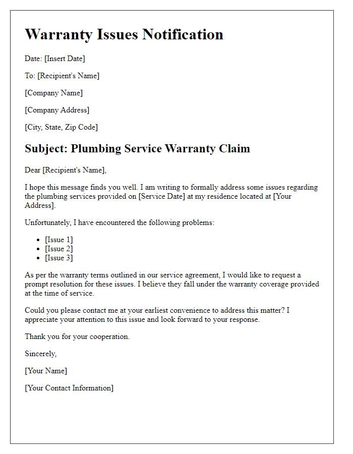 Letter template of plumbing service warranty issues.