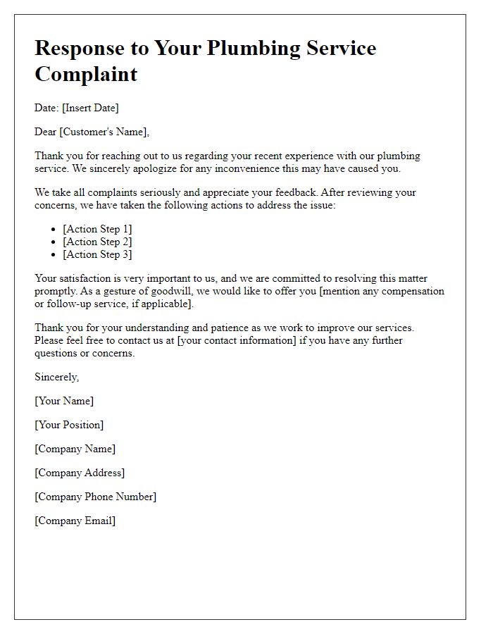 Letter template of timely response complaint for plumbing service.