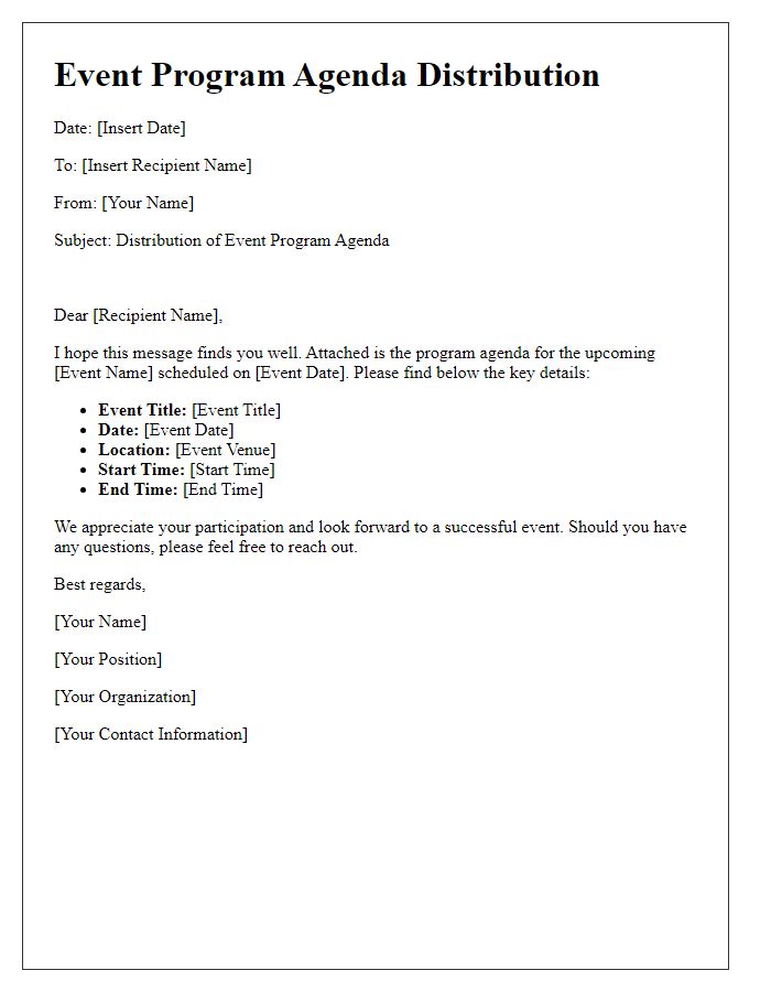 Letter template of event program agenda distribution