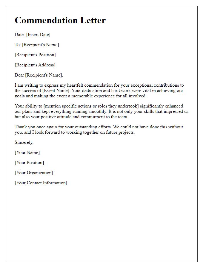 Letter template of commendation for your role in our event success