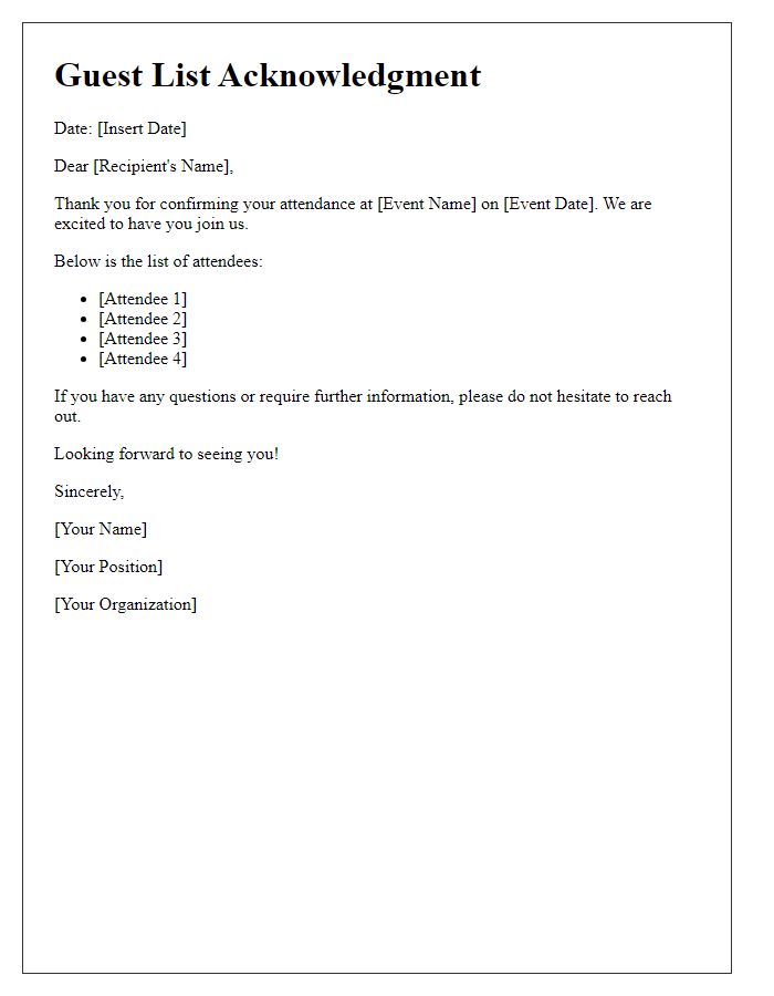 Letter template of attendee guest list acknowledgment