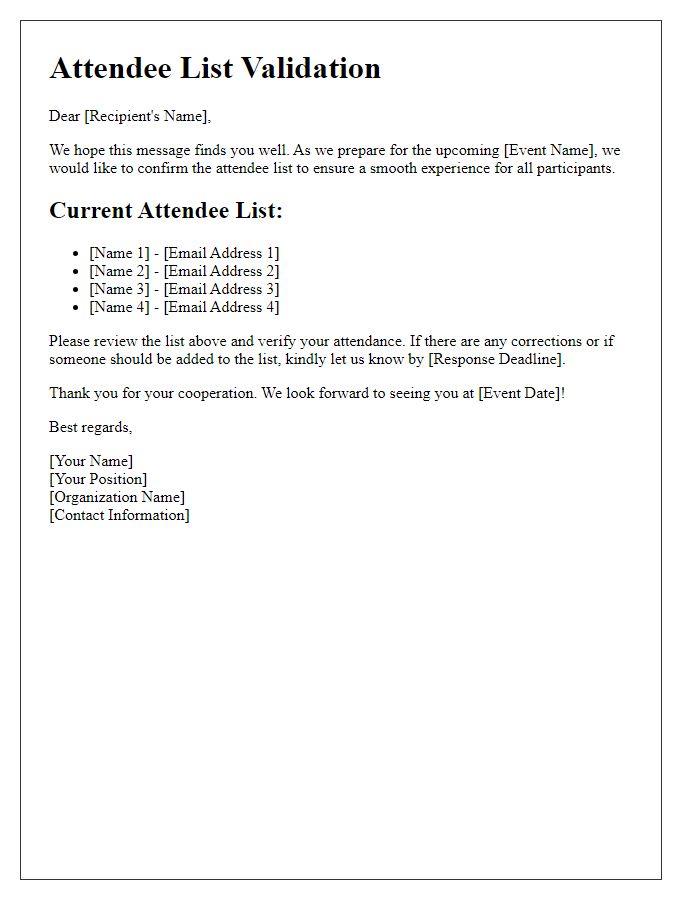 Letter template of attendee list validation