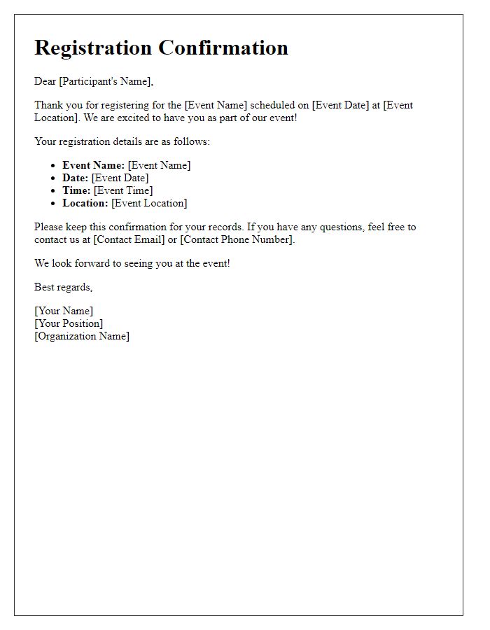 Letter template of event participant registration confirmation