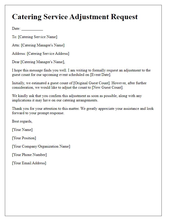 Letter template of catering service adjustment request for guest count