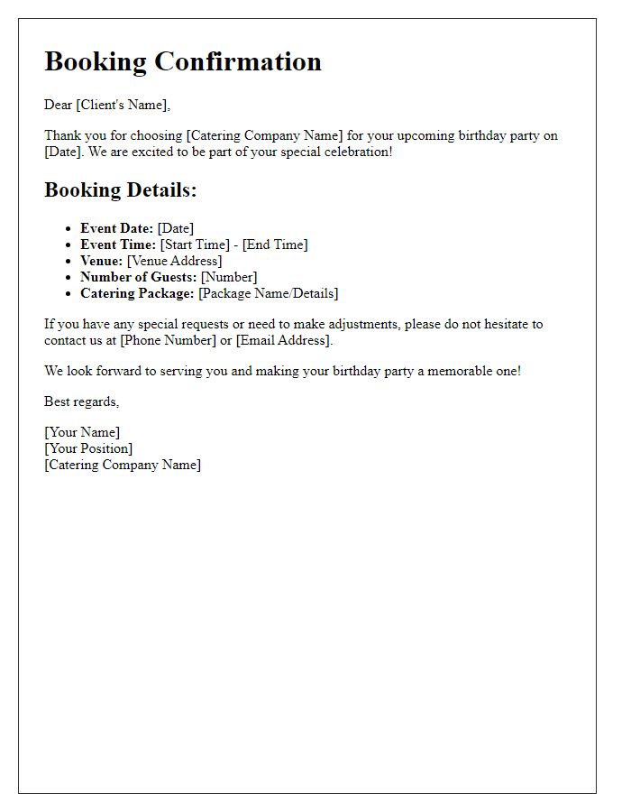 Letter template of catering service booking for birthday party