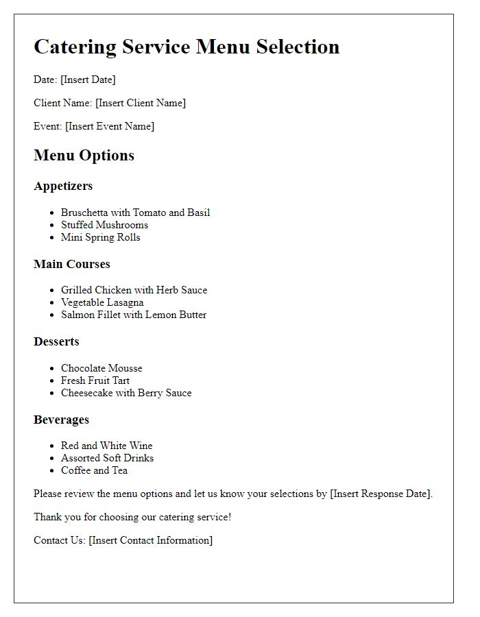 Letter template of catering service menu selection for special occasion