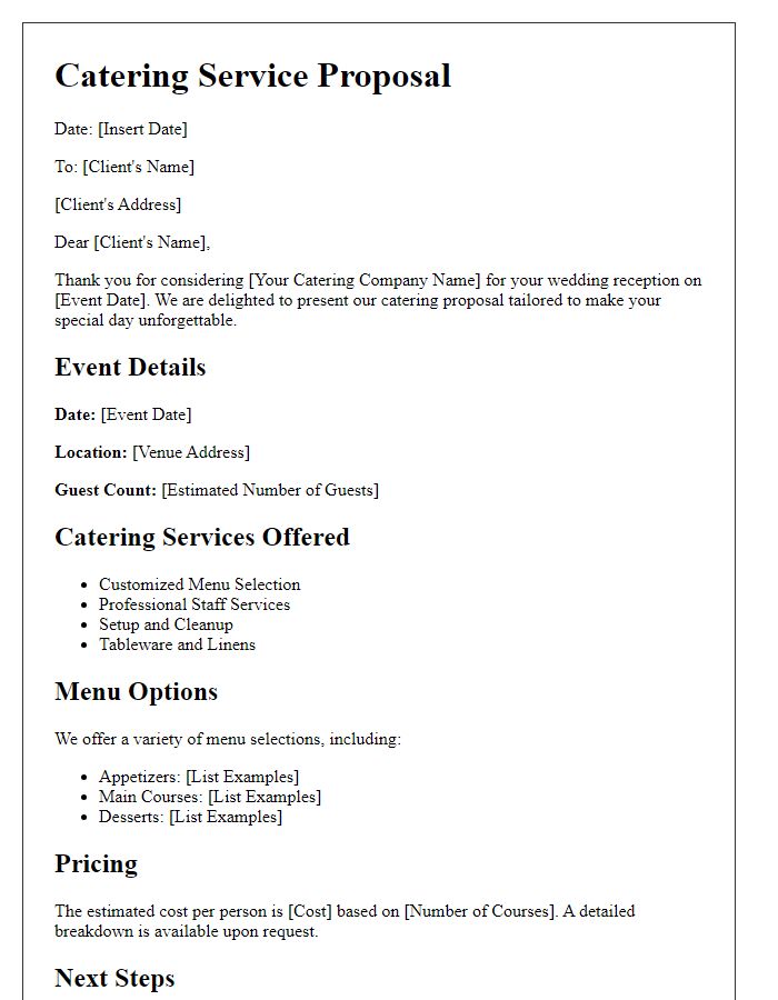 Letter template of catering service proposal for wedding reception