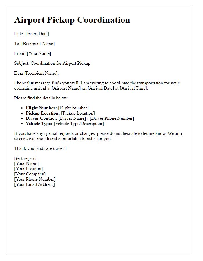 Letter template of transportation coordination for airport pickups