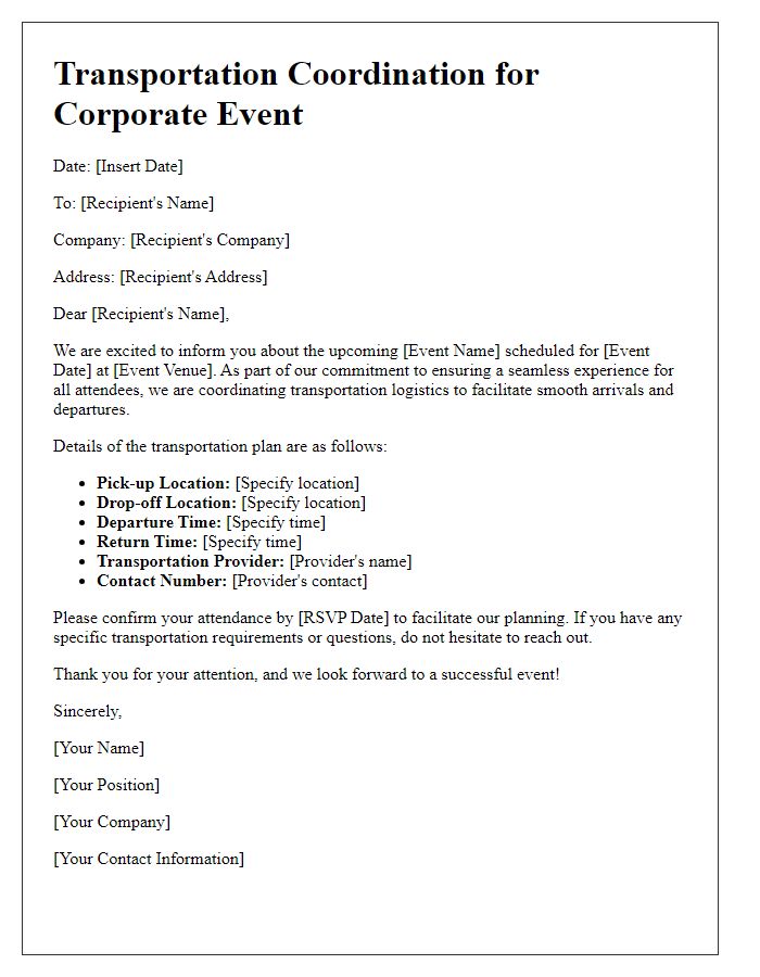 Letter template of transportation coordination for corporate events