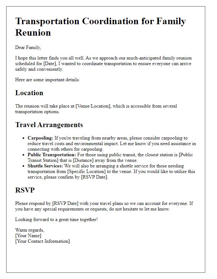 Letter template of transportation coordination for family reunions