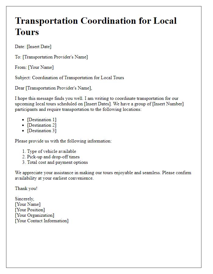 Letter template of transportation coordination for local tours