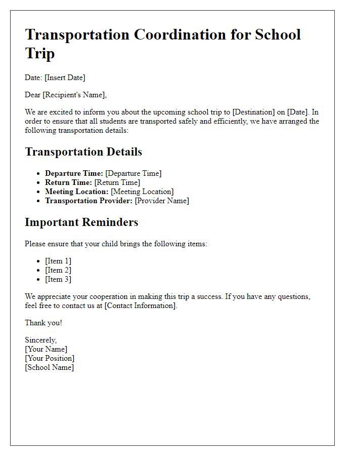 Letter template of transportation coordination for school trips