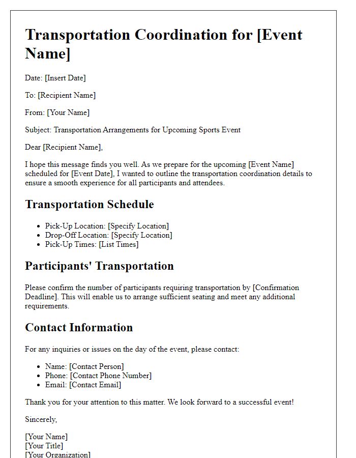 Letter template of transportation coordination for sports events