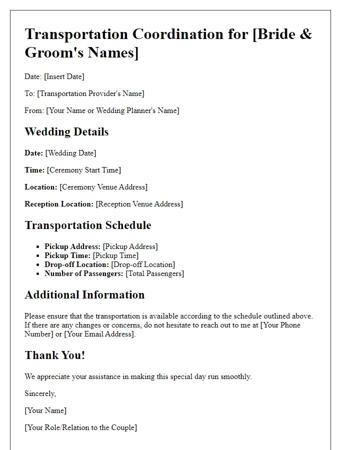 Letter template of transportation coordination for weddings