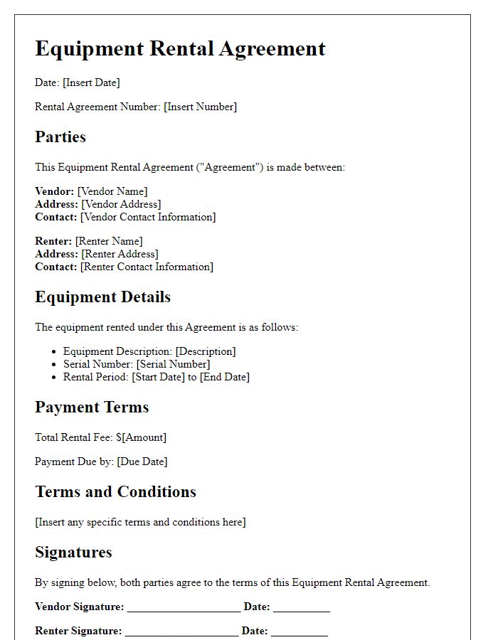 Letter template of equipment rental agreement