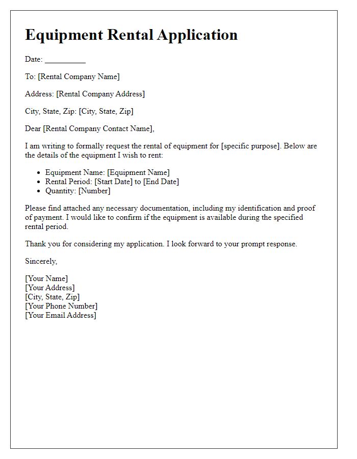 Letter template of equipment rental application