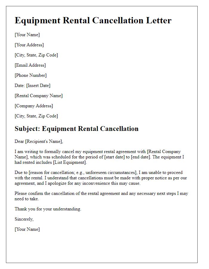 Letter template of equipment rental cancellation