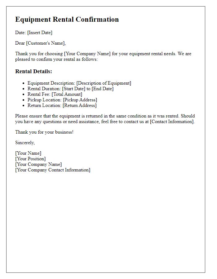 Letter template of equipment rental confirmation