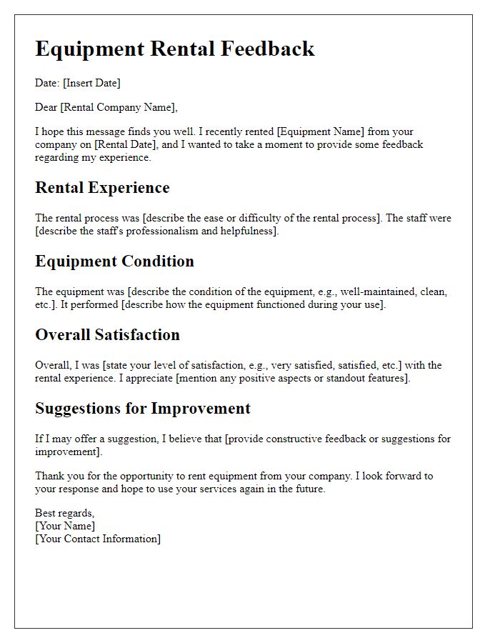 Letter template of equipment rental feedback