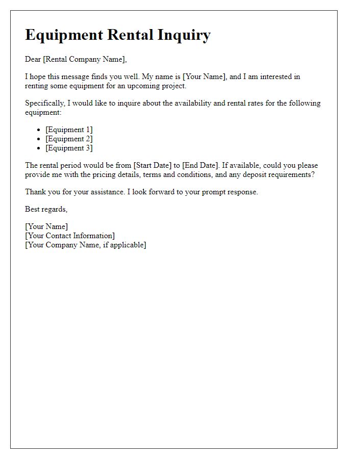 Letter template of equipment rental inquiry