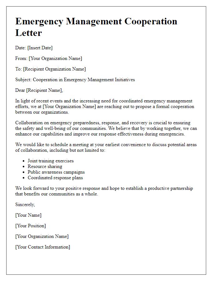 Letter template of emergency management cooperation